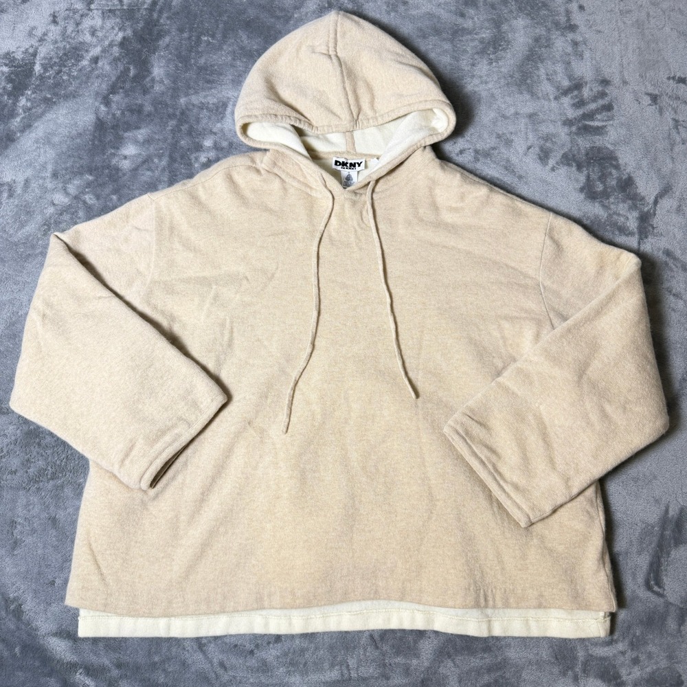 DKNY Jeans Vintage 100% Wool Hoodie Mens Small Beige Double Layered Sweater
